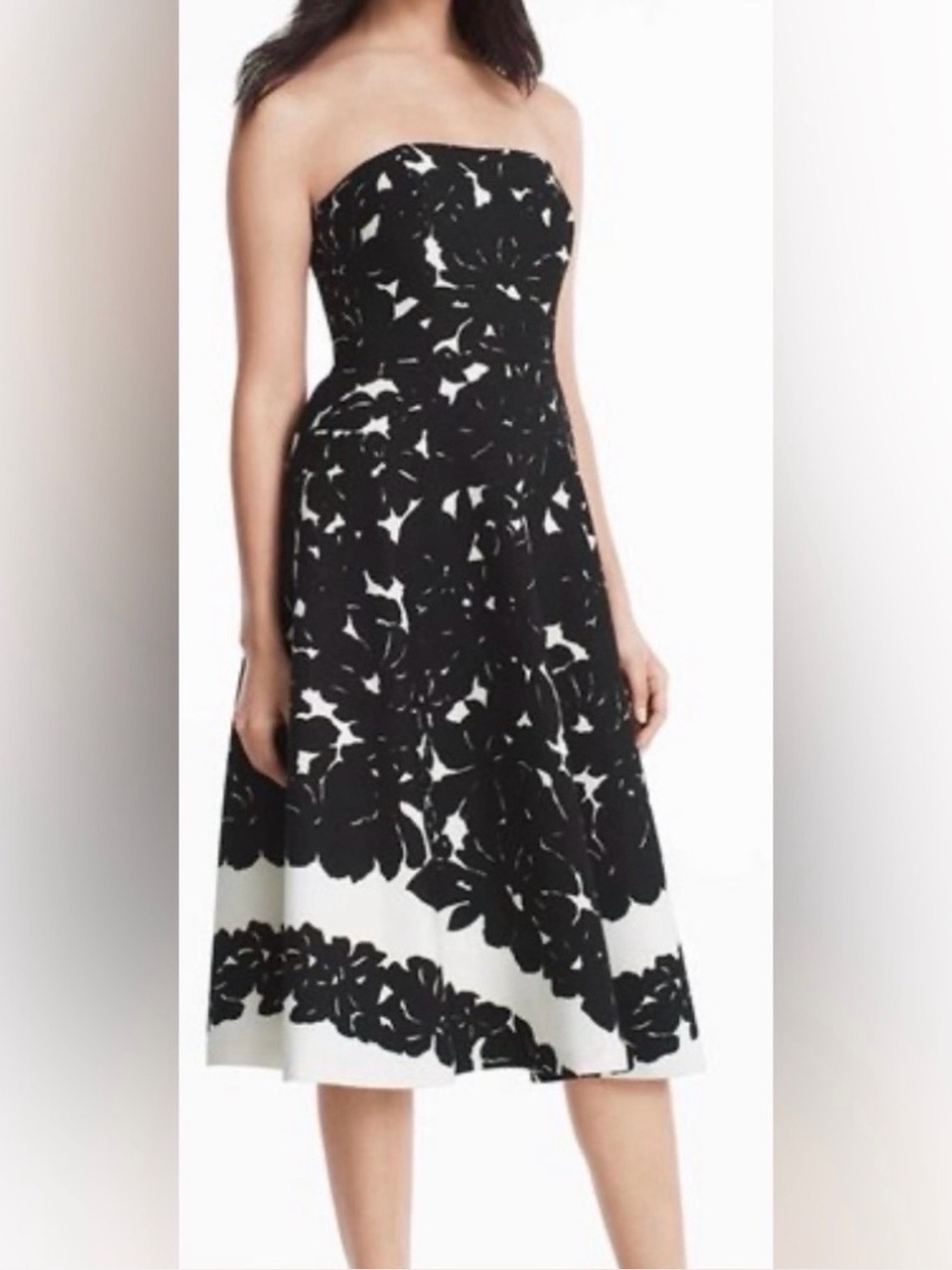 White House Black Market Black and White Strapless Floral Fit-and-Flare Dress